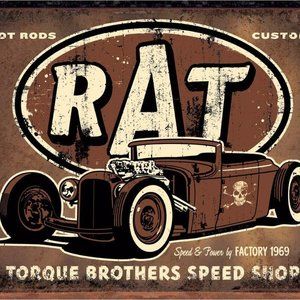 Rat Rod Torque Bros. Speed Shop Metal Sign Garage Bar Auto Shop Mechanic Décor